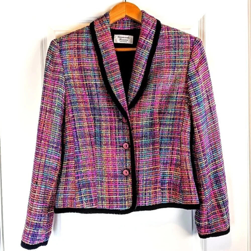 Giancarlo Ferrari Petite Blue Pink Tweed Black Trim Blazer